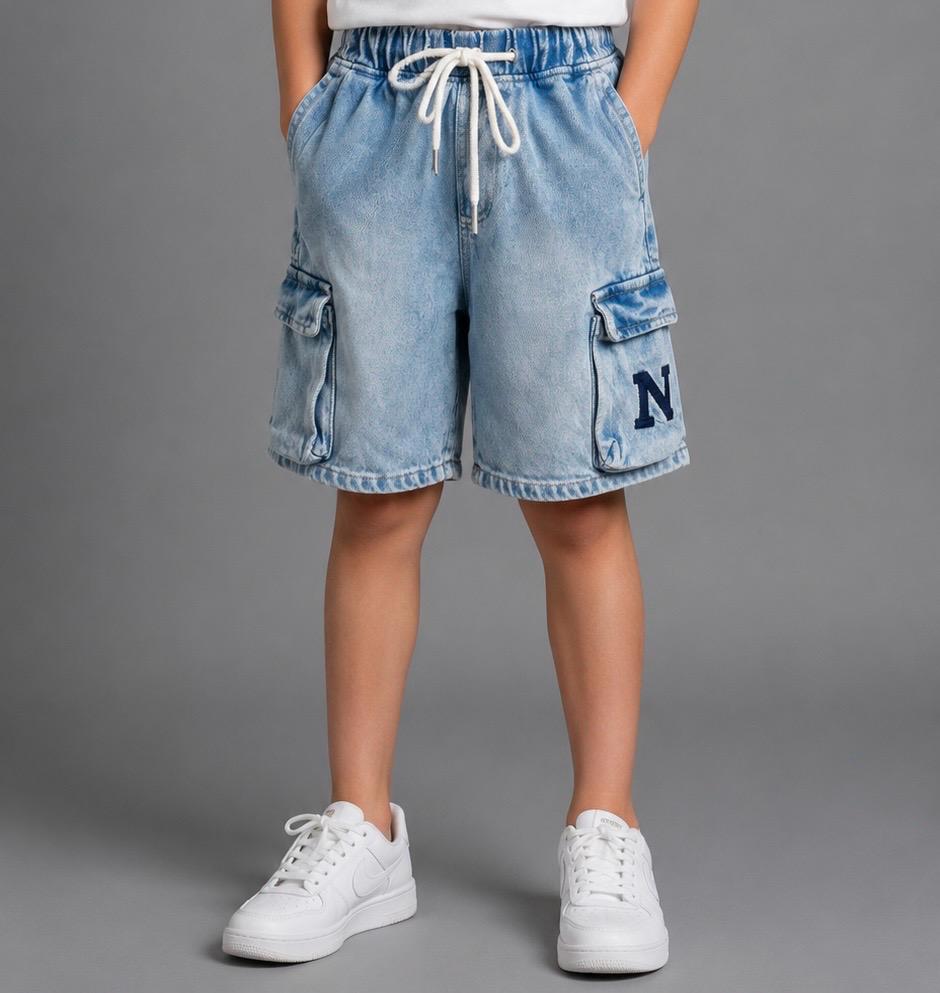 Boys Light Wash Denim Cargo Shorts with Drawstring Waist & Utility Pockets