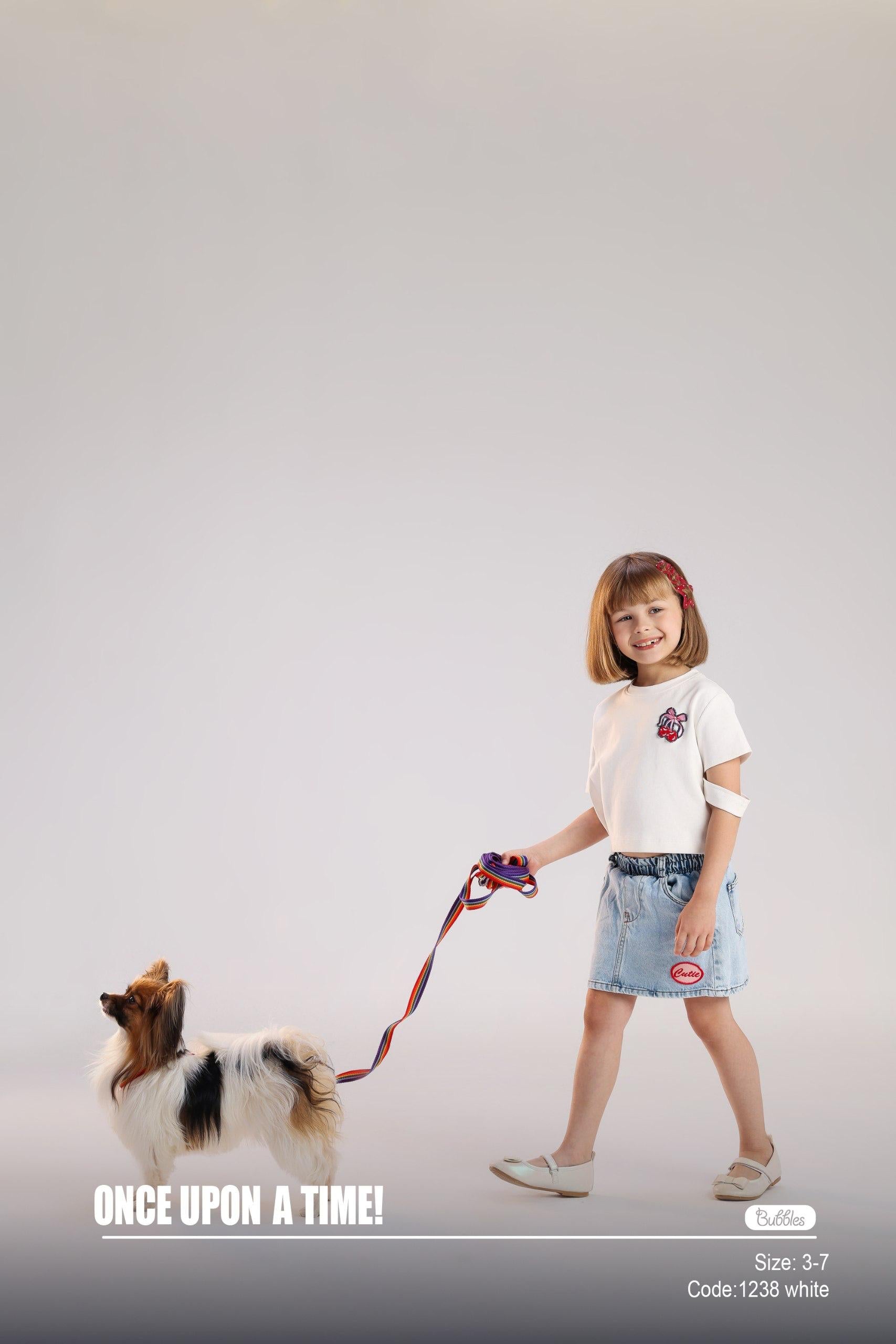 Girls Light Wash Denim Mini Skirt with Elastic Waist & Cute Patch Detail