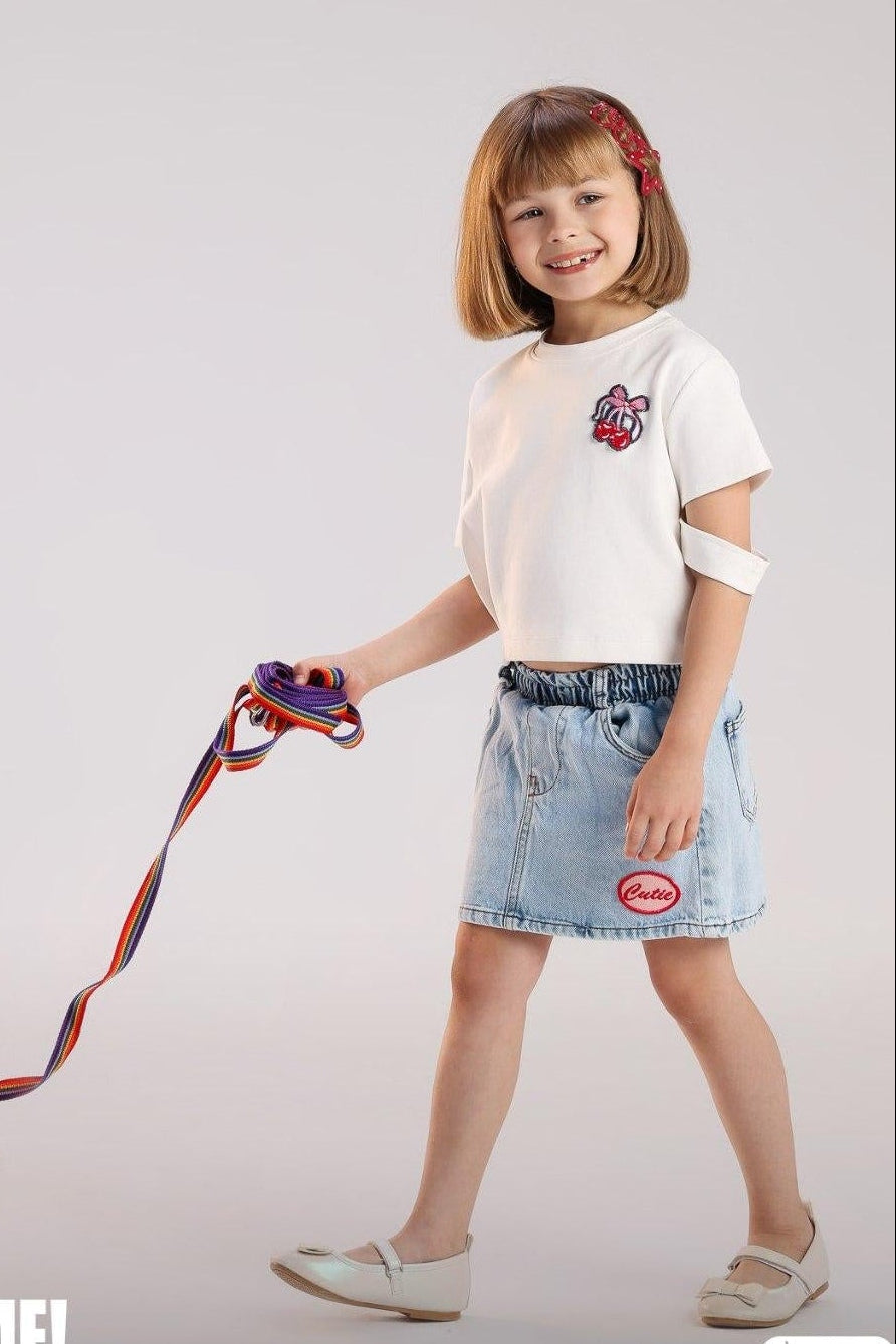 Girls Light Wash Denim Mini Skirt with Elastic Waist & Cute Patch Detail