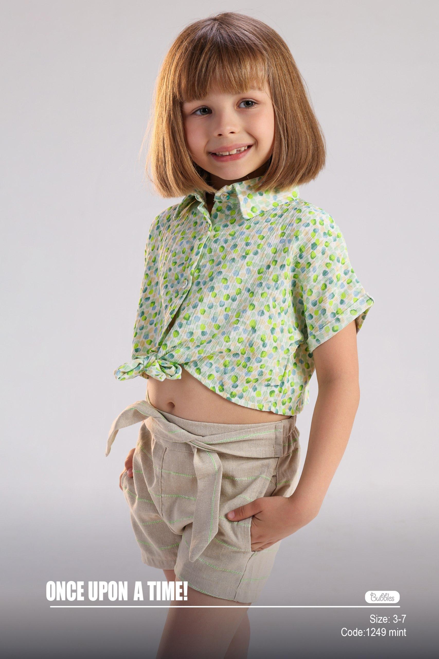 Girls Mint Polka Dot Tie-Front Crop Shirt with Short Sleeves