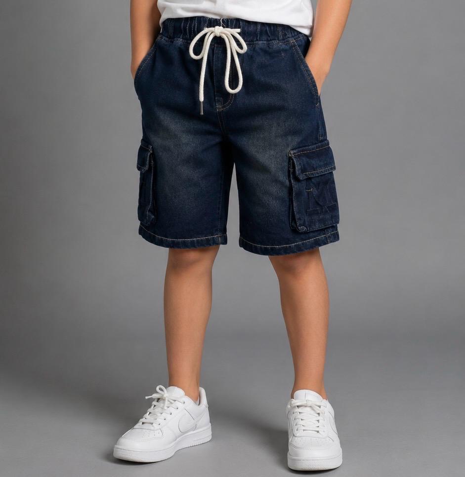 Kids Dark Wash Denim Cargo Shorts with Drawstring Waist – Casual Summer Shorts for Boys