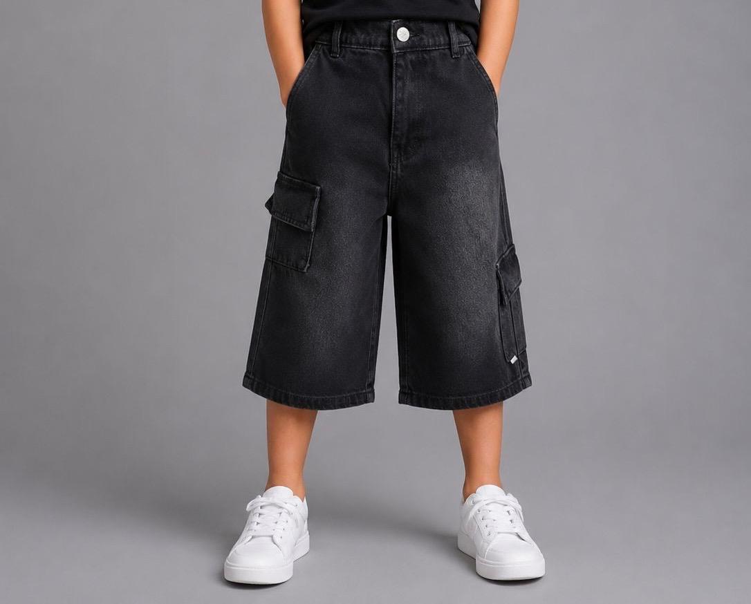 Kids Black Wide-Leg Denim Cargo Shorts – Relaxed Fit Streetwear Bermuda Shorts for Boys & Girls