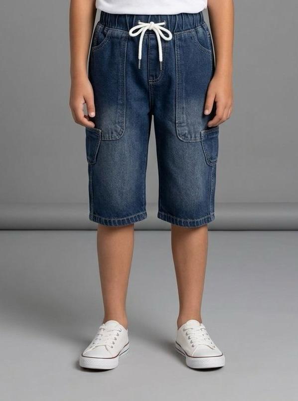 Kids Dark Blue Denim Bermuda Shorts with Drawstring Waist & Utility Pockets