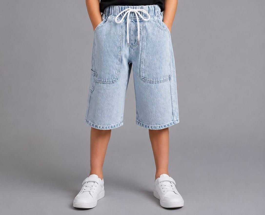 Kids Light Wash Denim Bermuda Shorts with Drawstring Waist & Relaxed Fit