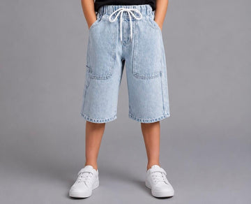 Kids Light Wash Denim Bermuda Shorts with Drawstring Waist & Relaxed Fit