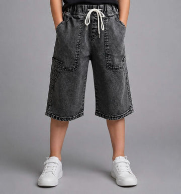 Kids Washed Black Denim Bermuda Shorts with Drawstring Waist & Utility Pockets