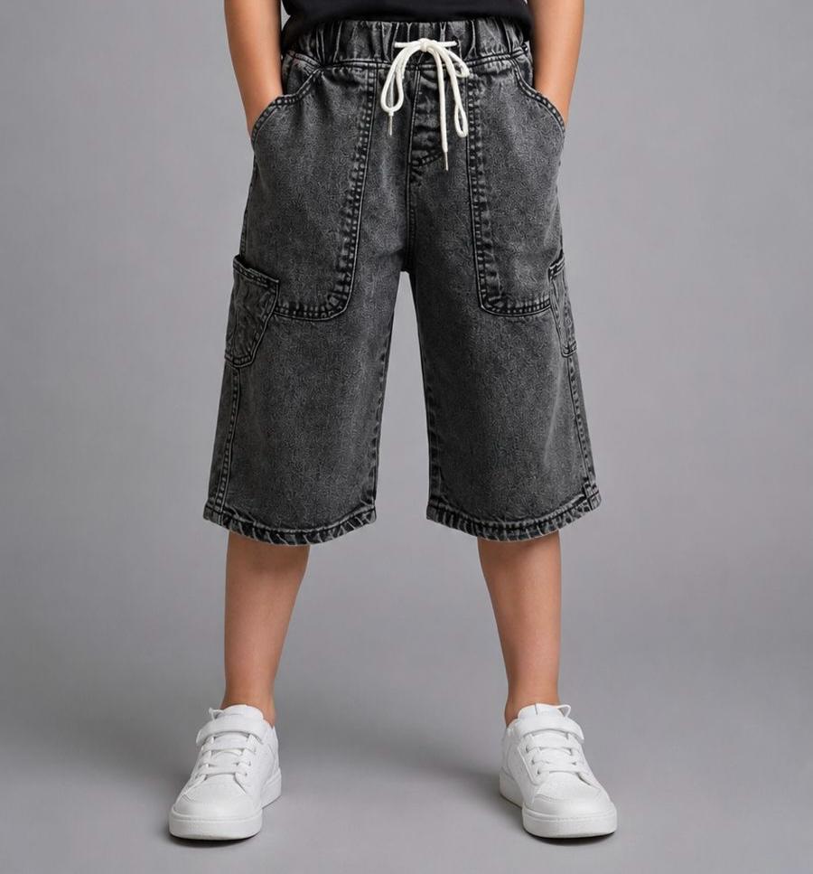 Kids Washed Black Denim Bermuda Shorts with Drawstring Waist & Utility Pockets