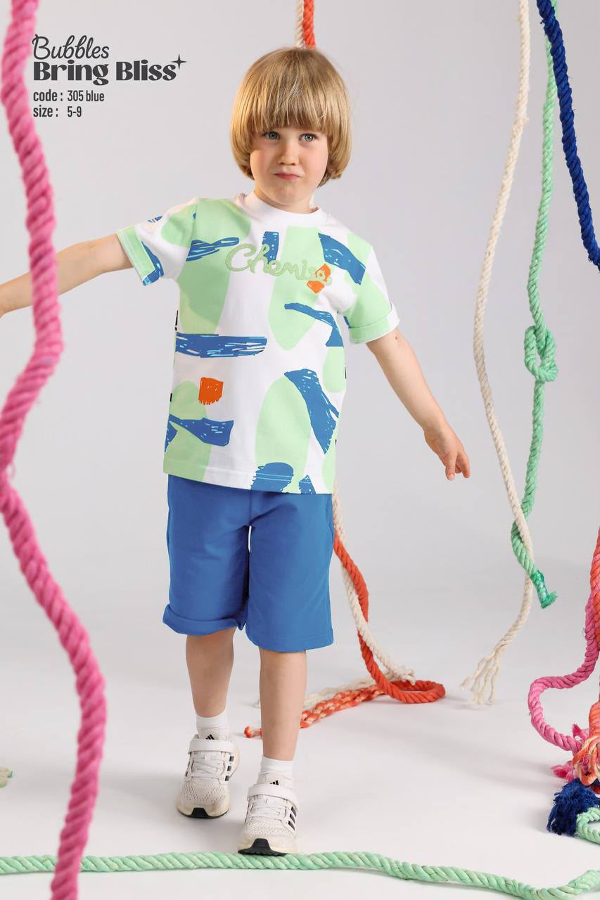 Kids Printed Cotton Summer Set – Abstract Graphic T-Shirt & Blue Shorts for Boys (Ages 5–9)