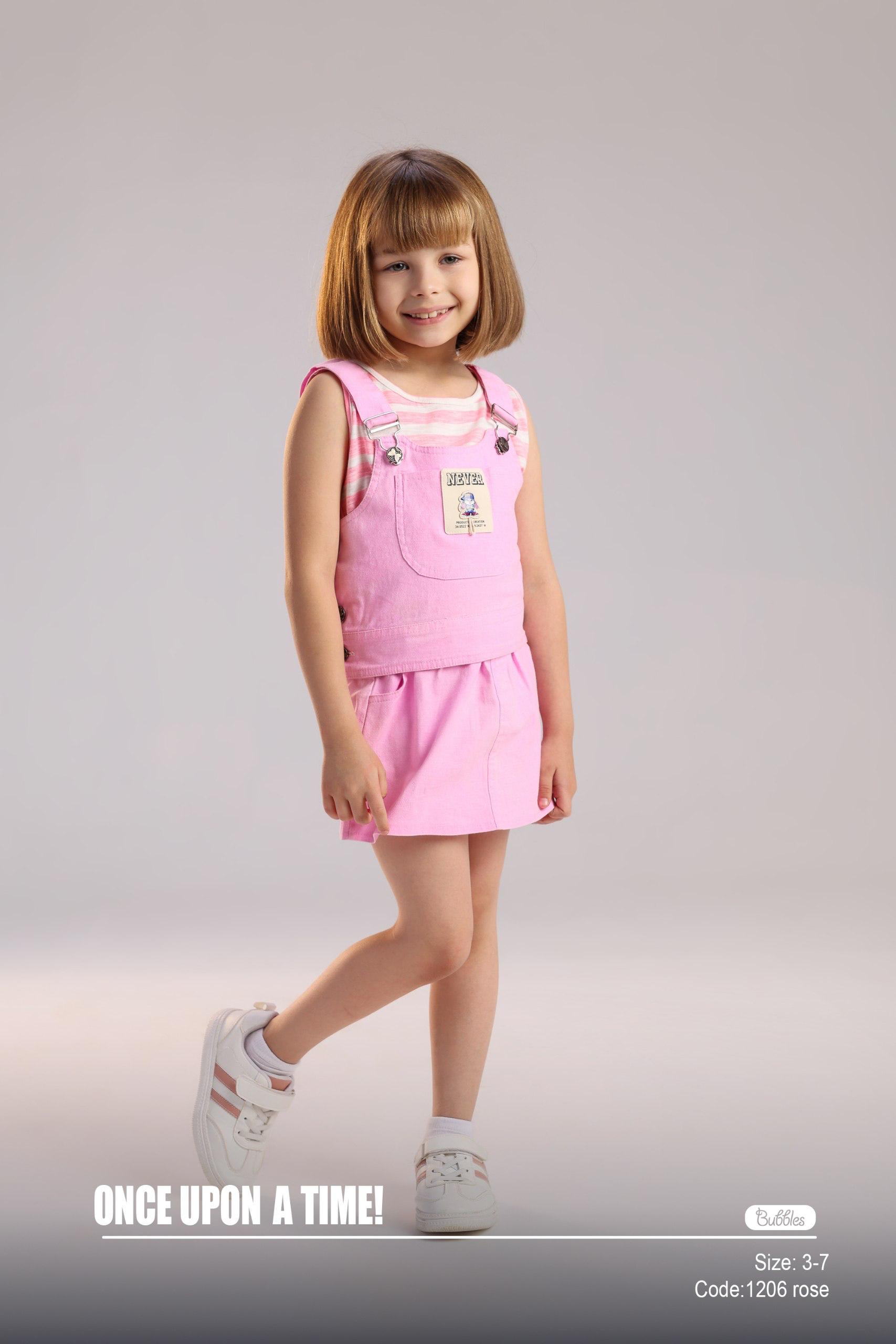 Kids Pink Pinafore Skirt Set with Striped Sleeveless Top – Soft Summer Outfit for Girls