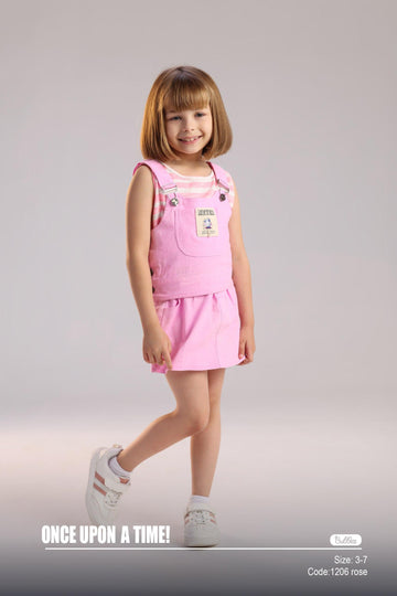 Kids Pink Pinafore Skirt Set with Striped Sleeveless Top – Soft Summer Outfit for Girls