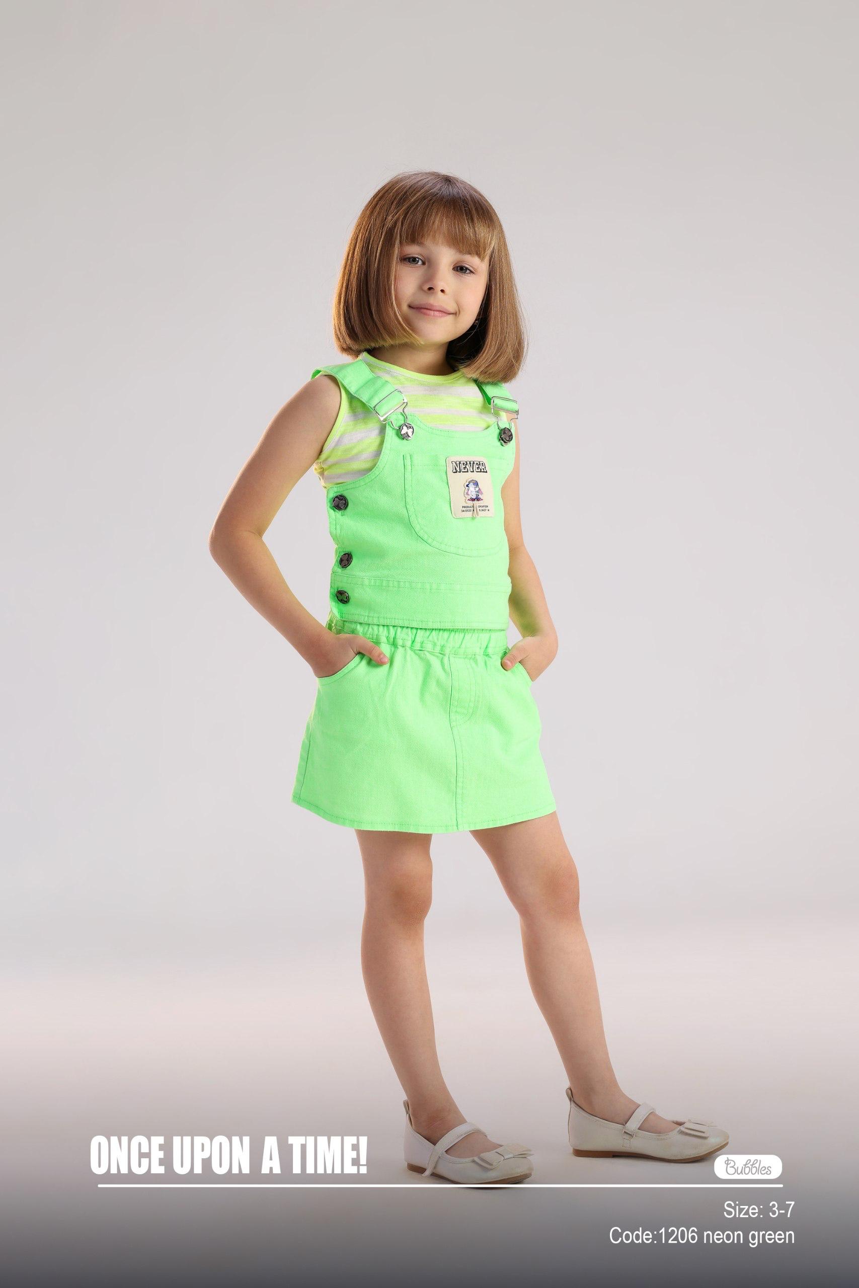 Kids Neon Green Pinafore Skirt Set with Striped Sleeveless Top – Trendy Summer Outfit for Girls