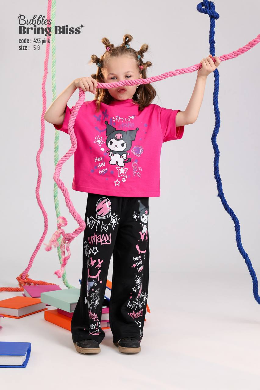 Girls Kuromi Graphic Oversized T-Shirt & Wide-Leg Pants Set – Stylish 2-Piece Casual Outfit
