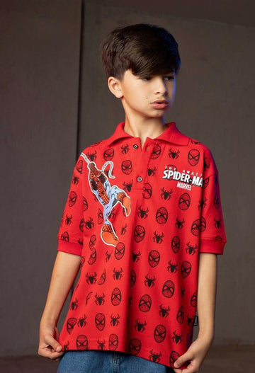 Boys Marvel Spider-Man Graphic Polo T-Shirt – Red Short Sleeve Character Print Casual Tee