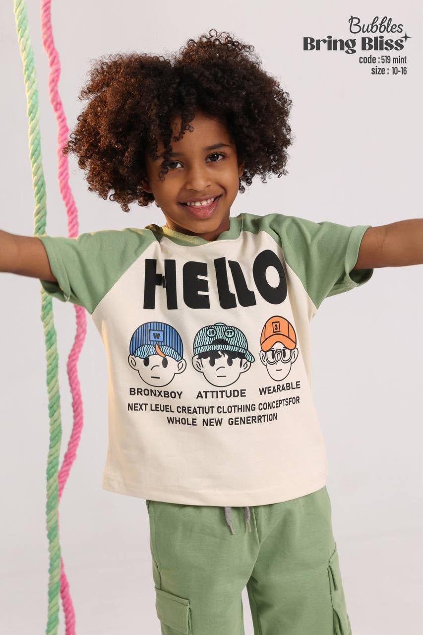 Boys “HELLO” Graphic T-Shirt & Cargo Shorts Set – MINT Casual Summer Outfit