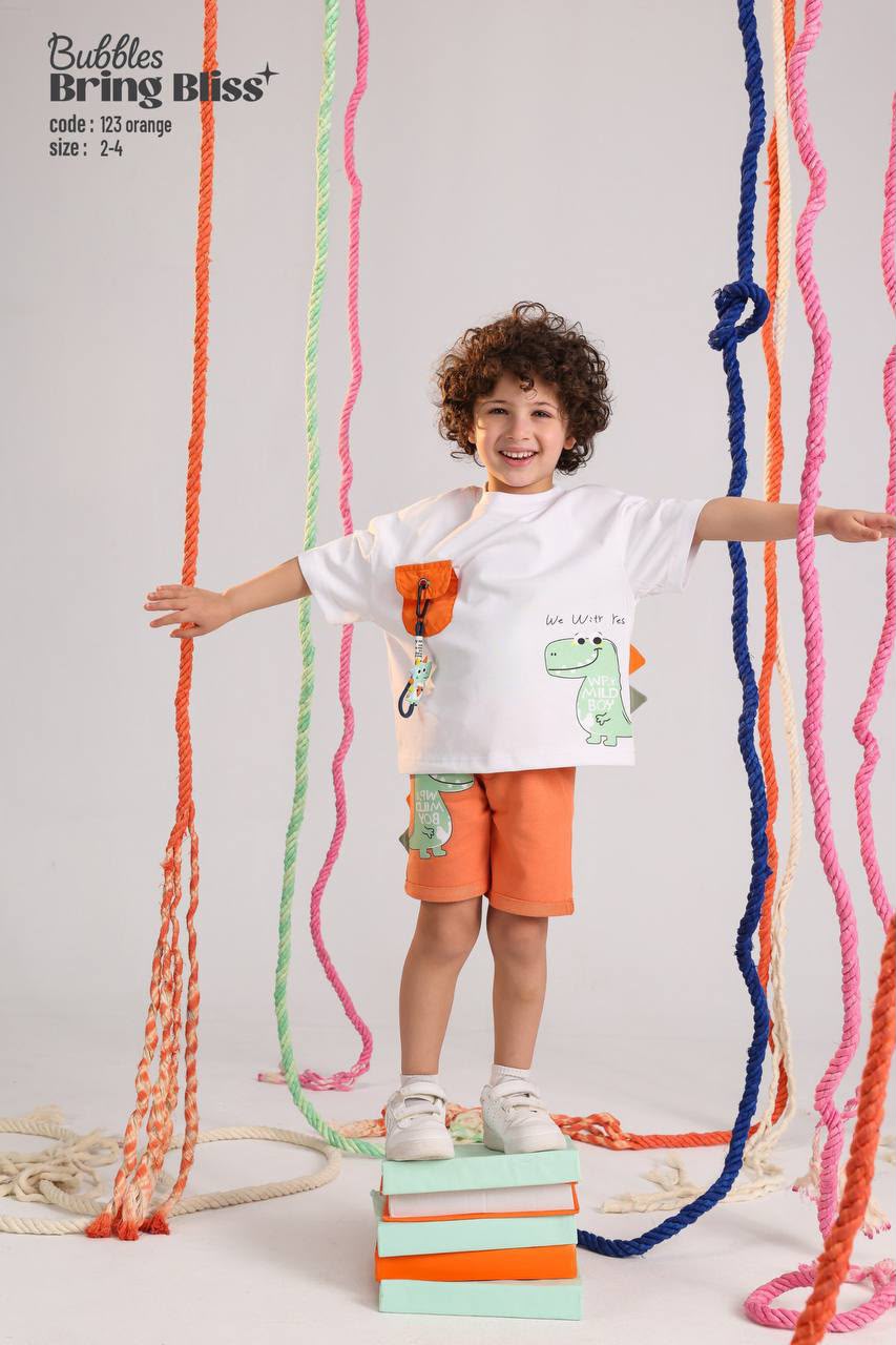 Kids Dinosaur Summer Outfit Set – White Graphic T-Shirt with Utility Pocket & Orange Shorts