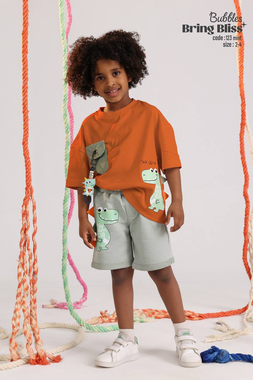 Kids Dinosaur Summer Outfit Set – Orange Graphic T-Shirt with Utility Pocket & Mint Shorts
