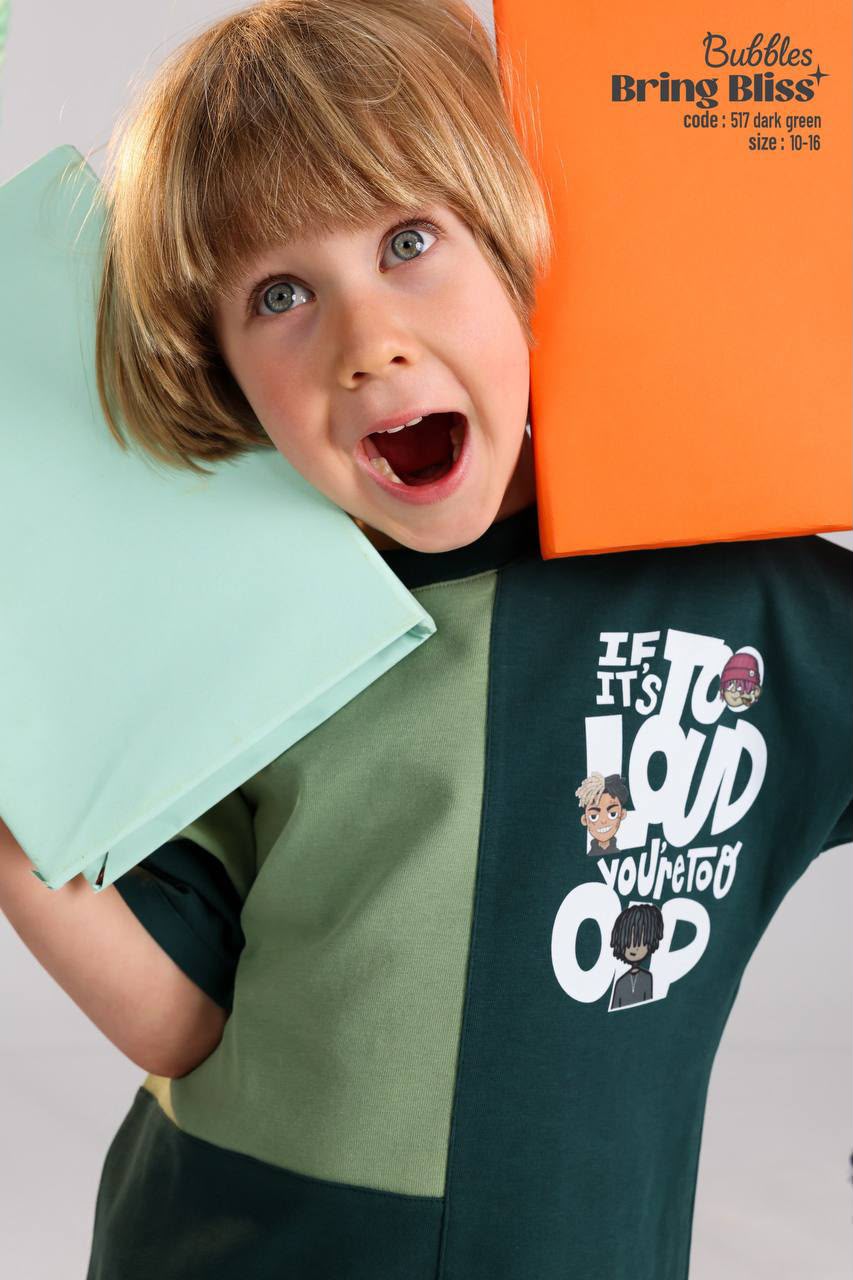 Kids Color Block Summer Outfit Set – Oversized Graphic T-Shirt & Drawstring Shorts in Dark Green
