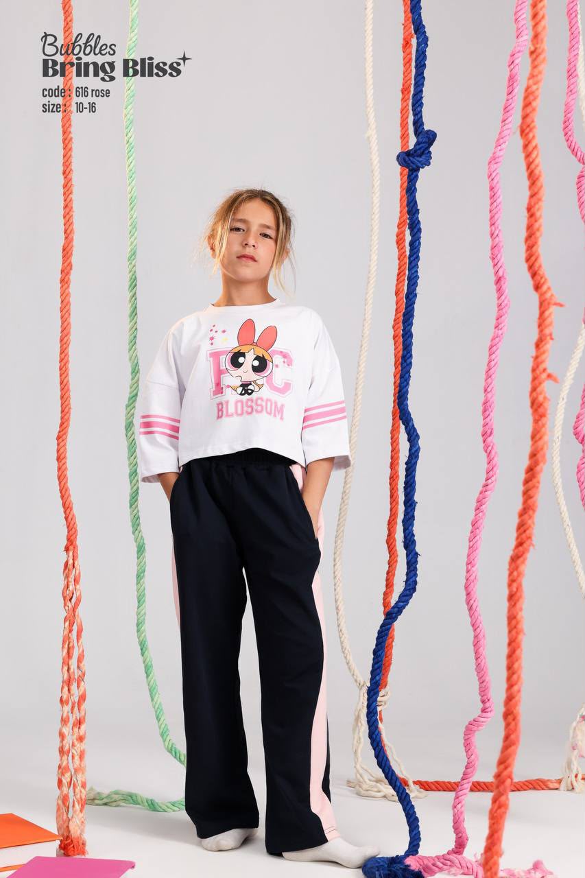 Girls Cartoon Graphic Crop Top & Wide Leg Pants Set – Trendy Casual Outfit in White, Pink & Navy