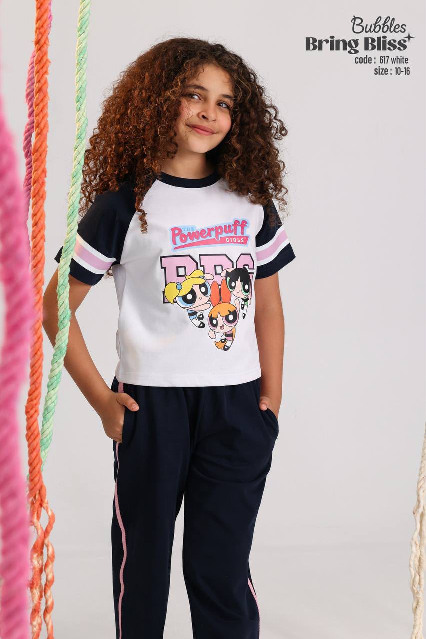 Girls Powerpuff Graphic T-Shirt & Wide Leg Pants Set – Casual Kids Outfit in White & Navy