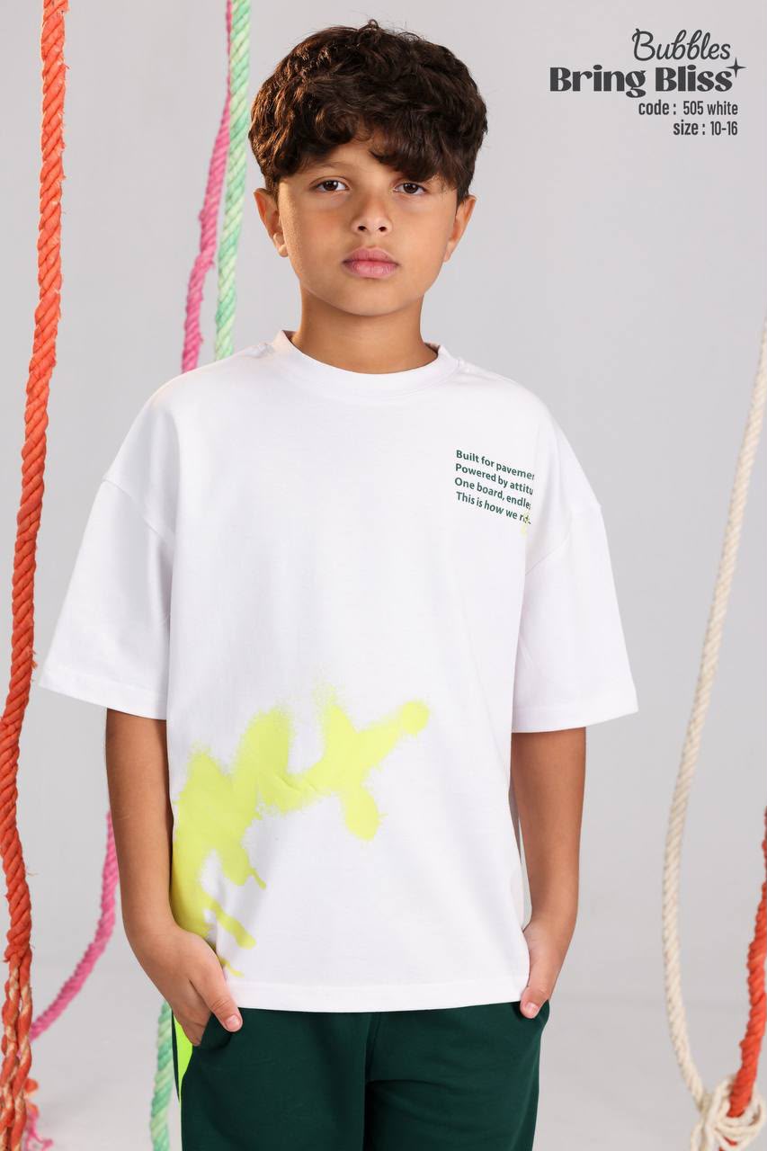 Kids Oversized White Graphic T-Shirt with Neon Splash Print | Casual Streetwear Tee for Boys