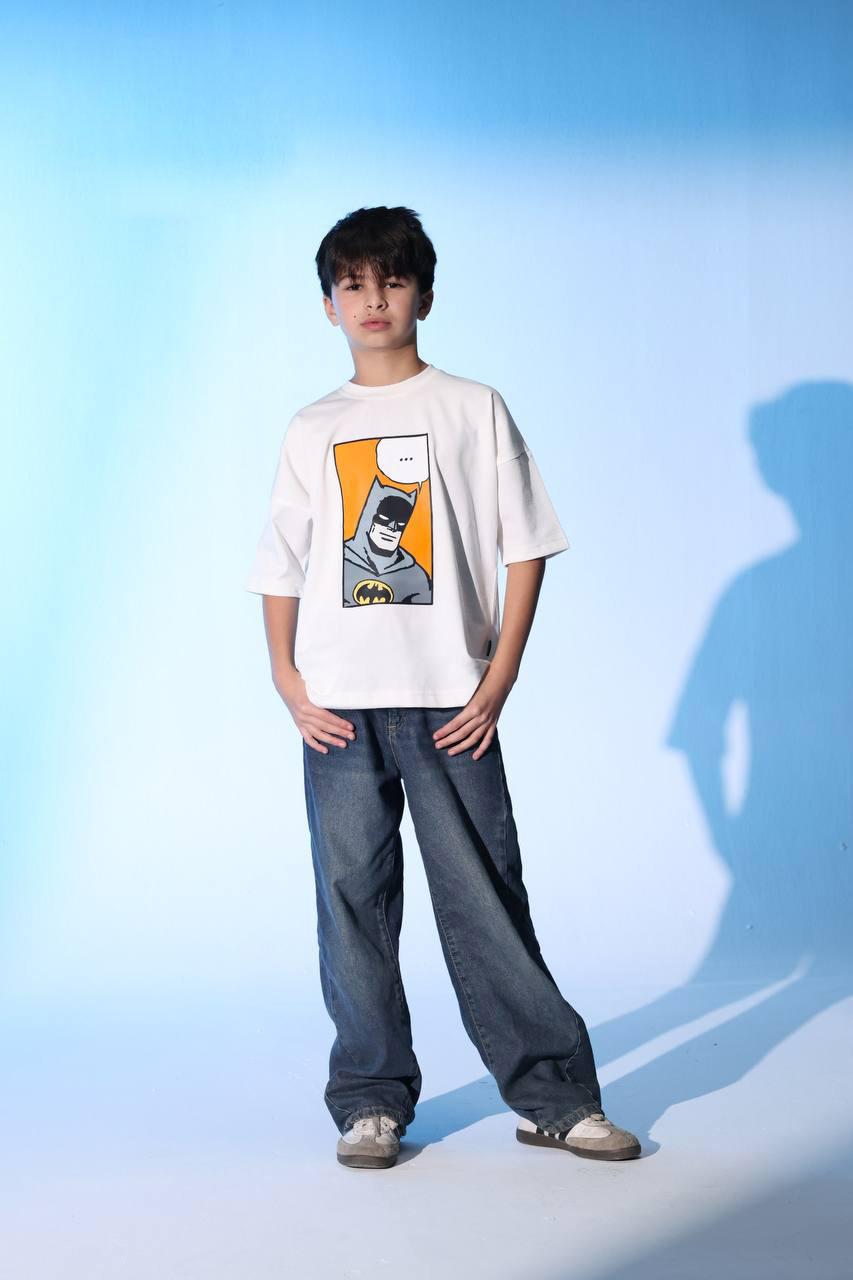 Boys Vintage Graphic T-Shirt – White Oversized Short Sleeve Cotton Tee