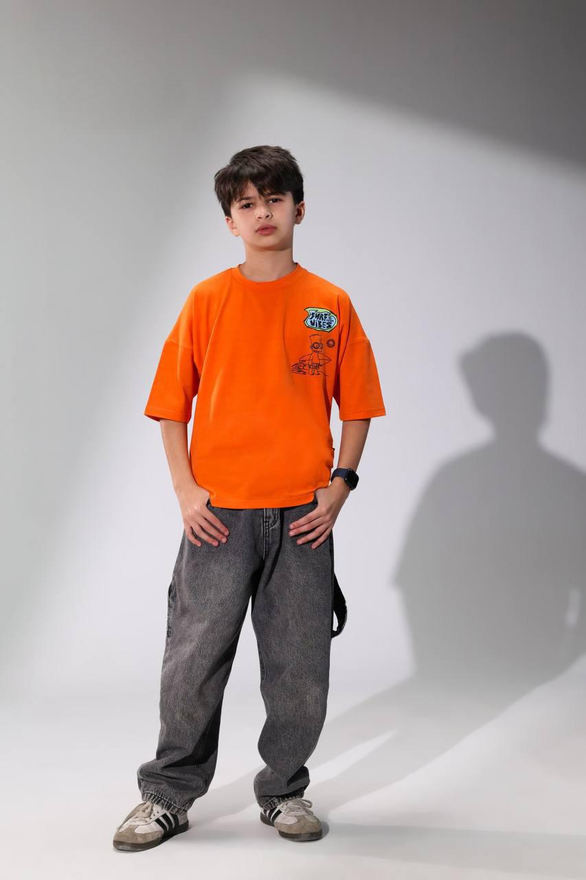 Boys Neon Graphic T-Shirt – Orange Oversized Short Sleeve Cotton Tee