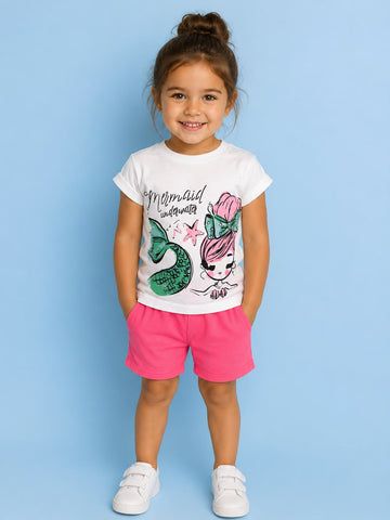 Girls Summer Pajama Set – White Graphic T-Shirt & Pink Shorts Sleepwear