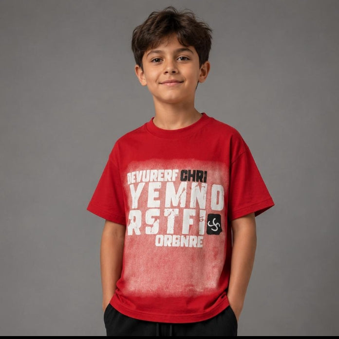 Kids Oversized Graphic T-Shirt – Red Vintage Print Casual Tee for Boys