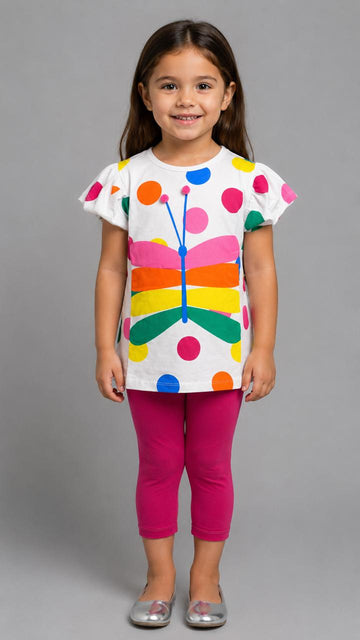 Girls Summer Pajama Set – Colorful Polka Dot Top & Pink Capri Leggings