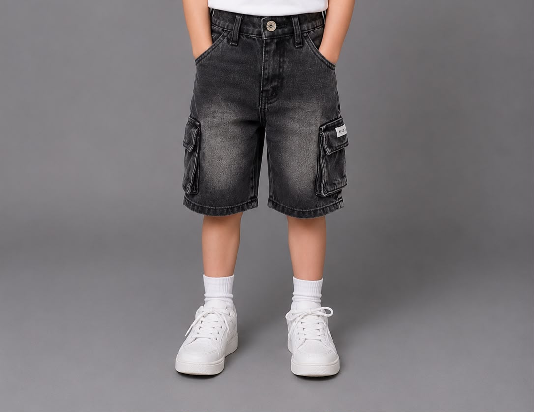 Kids Black Wide-Leg Denim Cargo Shorts – Relaxed Fit Streetwear Bermuda Shorts for Boys & Girls