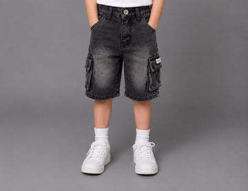 Kids Black Wide-Leg Denim Cargo Shorts – Relaxed Fit Streetwear Bermuda Shorts for Boys & Girls