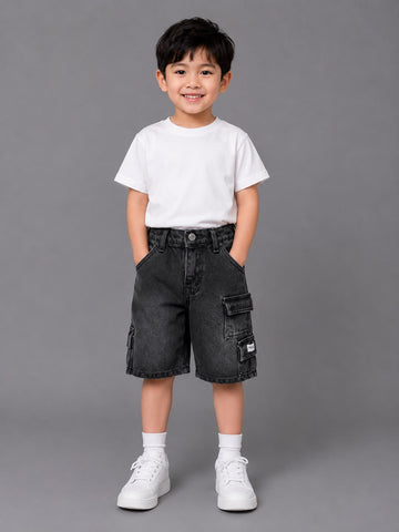 Boys Washed Black Denim Cargo Shorts – Relaxed Fit Summer Shorts with Utility Pockets