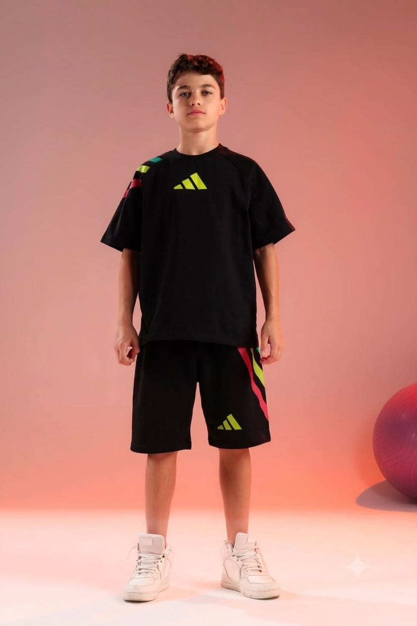 Kids Black Sports T-Shirt & Shorts Set with Neon Graphic Print