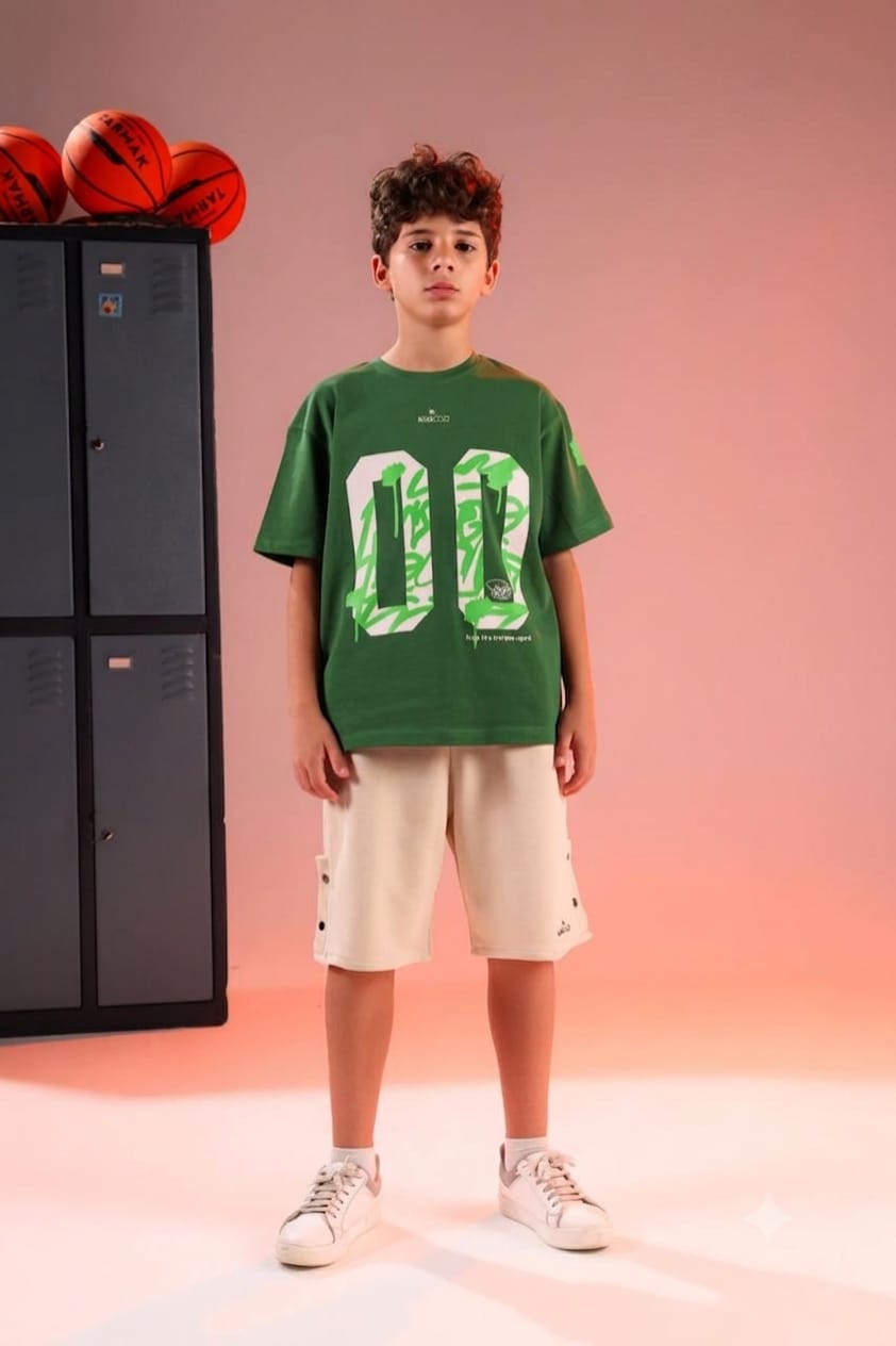 Boys' Green Graphic Number Print T-Shirt & Beige Cargo Shorts Set