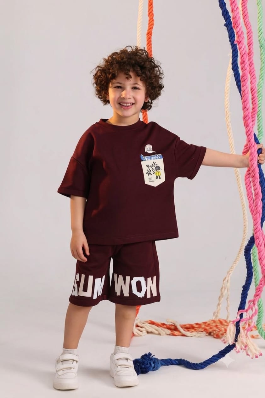 Kids Oversized T-Shirt & Shorts Set – Burgundy Casual 2-Piece Summer Outfit for Boys