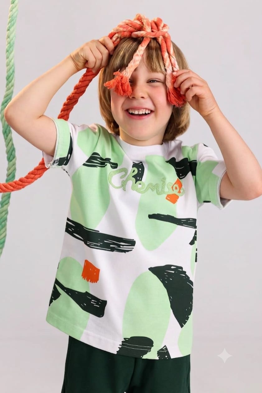 Kids Abstract Print T-Shirt & Shorts Set – Dark Green Casual Summer Outfit