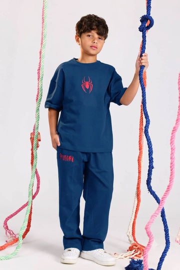 Boys Spider Graphic T-Shirt & Jogger Pants Set – Indigo Casual Summer Outfit