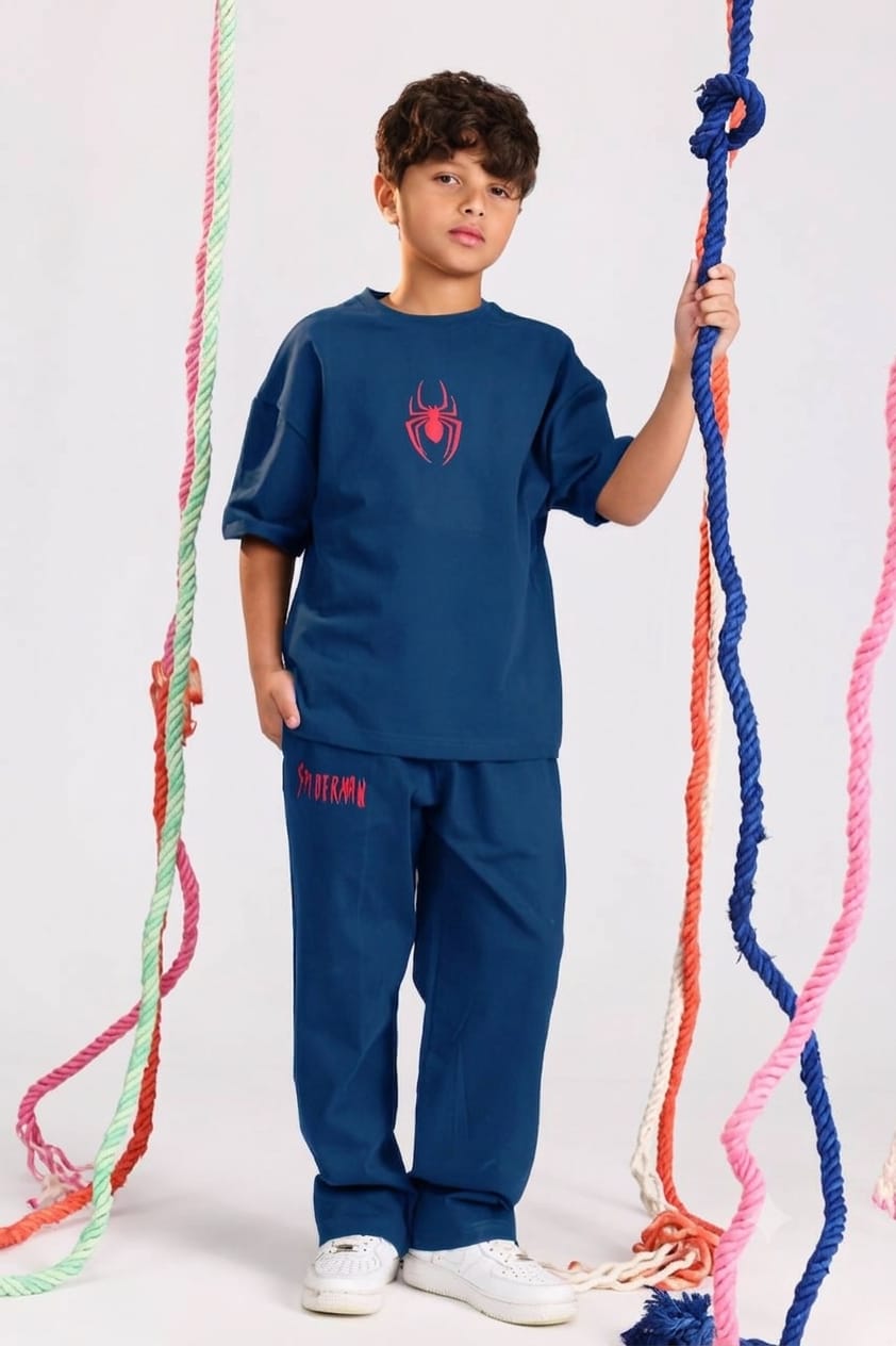 Boys Spider Graphic T-Shirt & Jogger Pants Set – Indigo Casual Summer Outfit