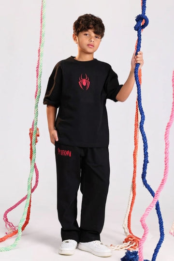 Boys Spider Graphic T-Shirt & Jogger Pants Set – Black Casual Summer Outfit