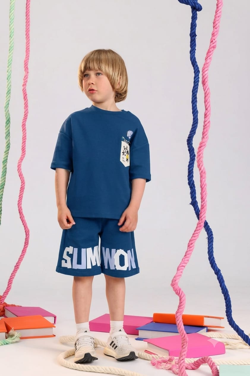 Kids Indigo "SUMWON" Print T-Shirt & Shorts Set – Cool Summer Outfit (Ages 5–9)