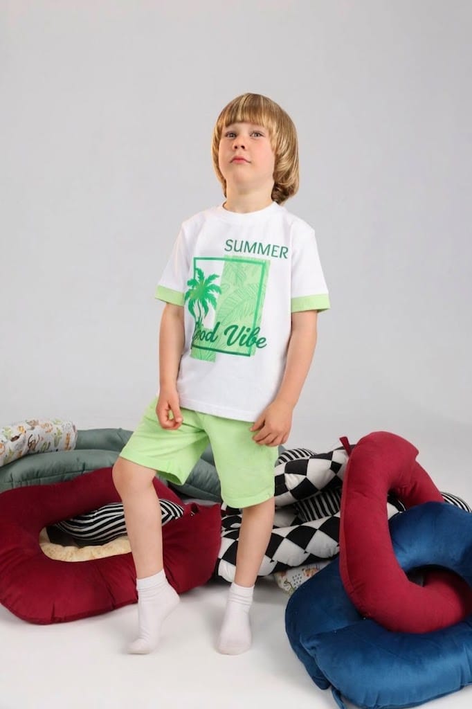 Bubbles Bring Bliss Kids Summer Pajama Set – Green “Good Vibe” Cotton T-Shirt & Shorts (Size 2-4)