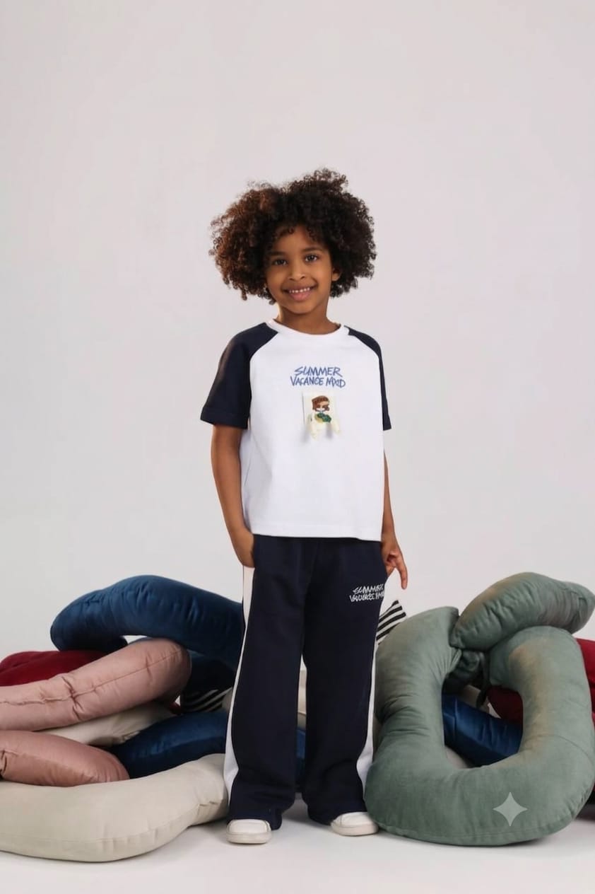 Kids Summer Vacation 2-Piece Outfit Set – Raglan T-Shirt & Jogger Pants in dark blue