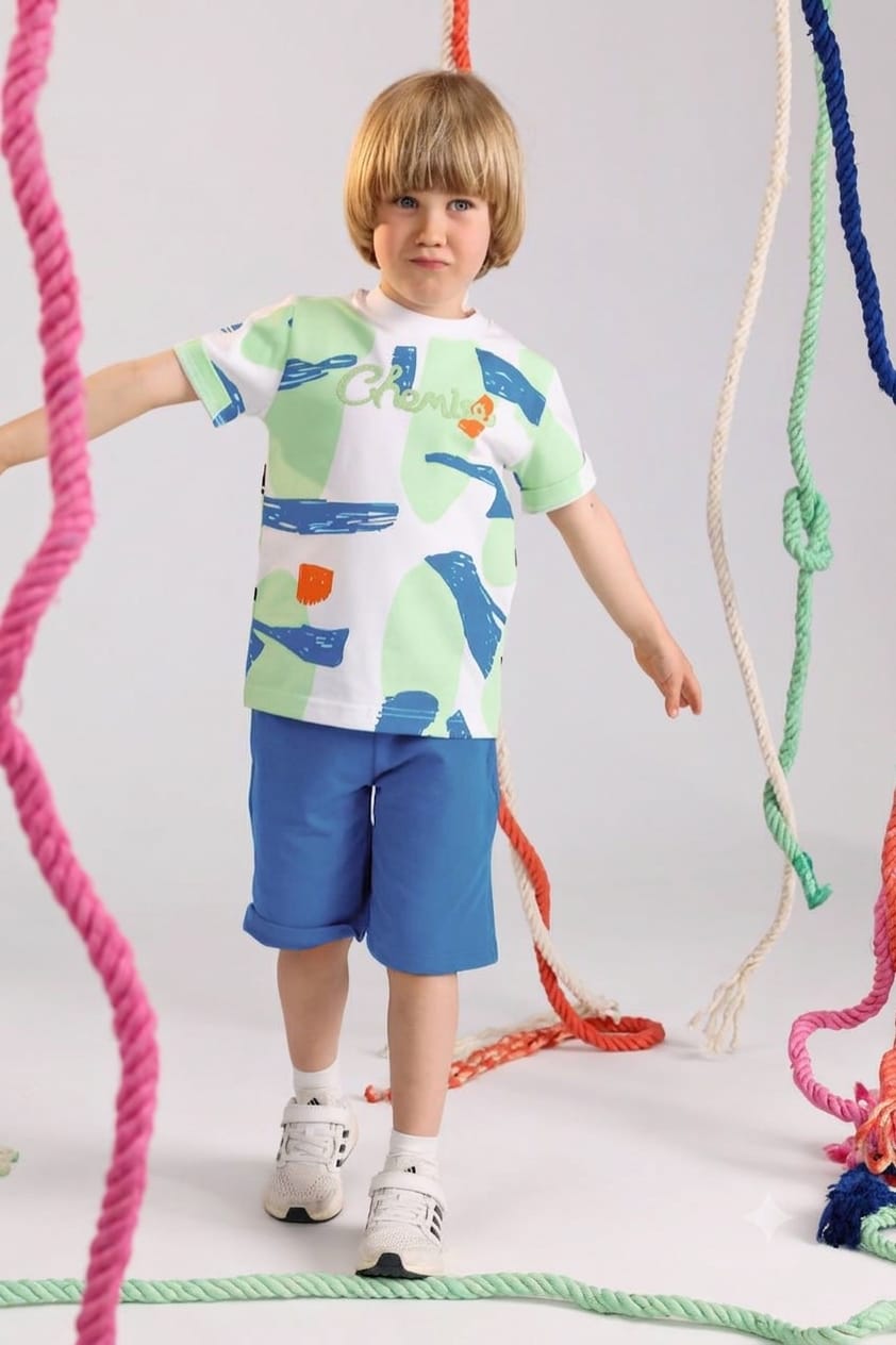 Kids Printed Cotton Summer Set – Abstract Graphic T-Shirt & Blue Shorts for Boys (Ages 5–9)