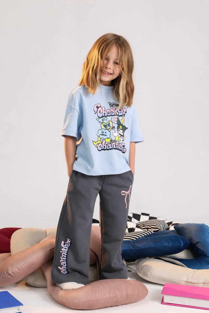 Girls Cartoon Graphic T-Shirt & Wide Leg Pants Set – Baby Blue Casual Outfit for Kids (Sizes 10–16)