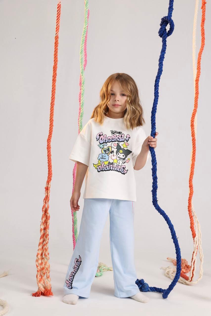 Girls Cartoon Graphic T-Shirt & Wide Leg Pants Set – Baby Blue Casual Outfit for Kids (Sizes 10–16)