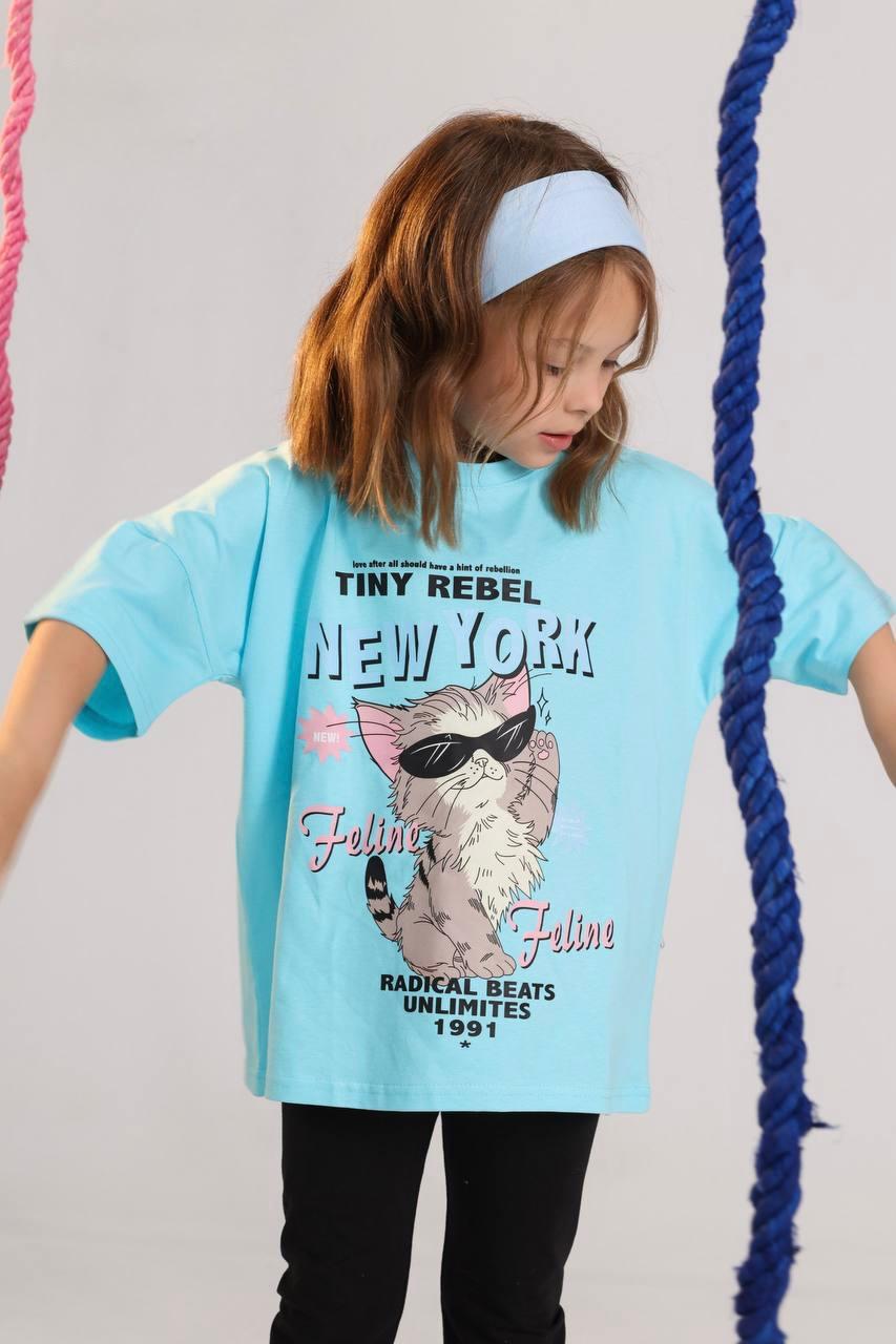 Girls Turquoise "Tiny Rebel New York" Cat Print Graphic T-Shirt (Ages 2–10)