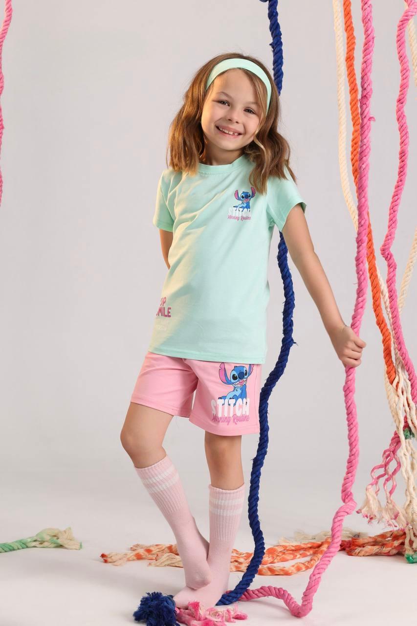 Girls Stitch Print T-Shirt & Shorts Set – Mint Green & Pink Summer Outfit (Ages 2–10)