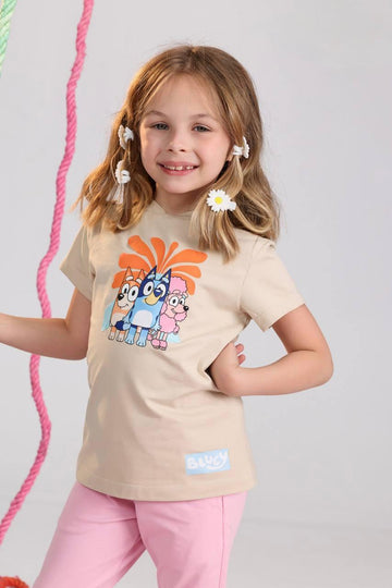 Girls Beige Bluey Graphic T-Shirt – Soft Cotton Kids Cartoon Tee (Ages 2–10)