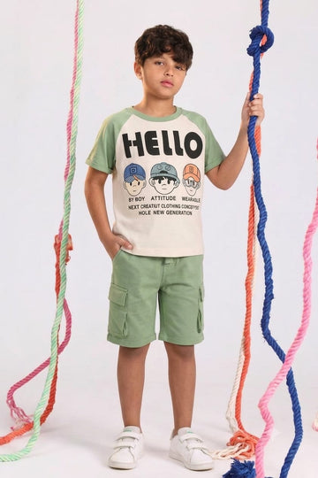 Boys “HELLO” Graphic T-Shirt & Cargo Shorts Set – MINT Casual Summer Outfit
