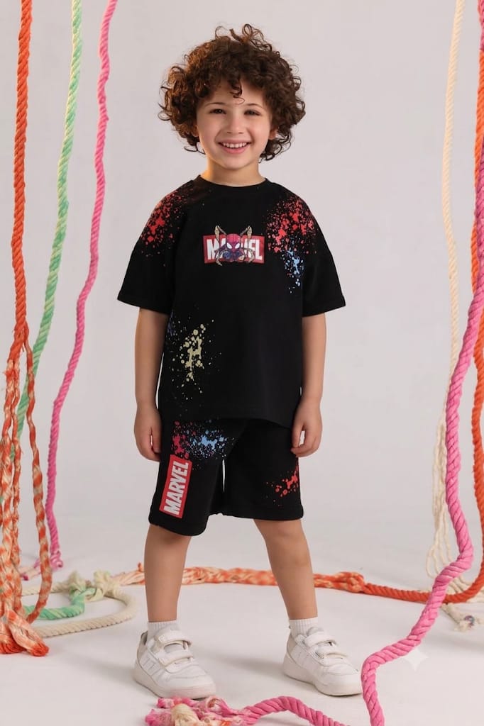 Boys Short Sleeve Pajama Set – Black Graphic T-Shirt & Matching Shorts Sleepwear